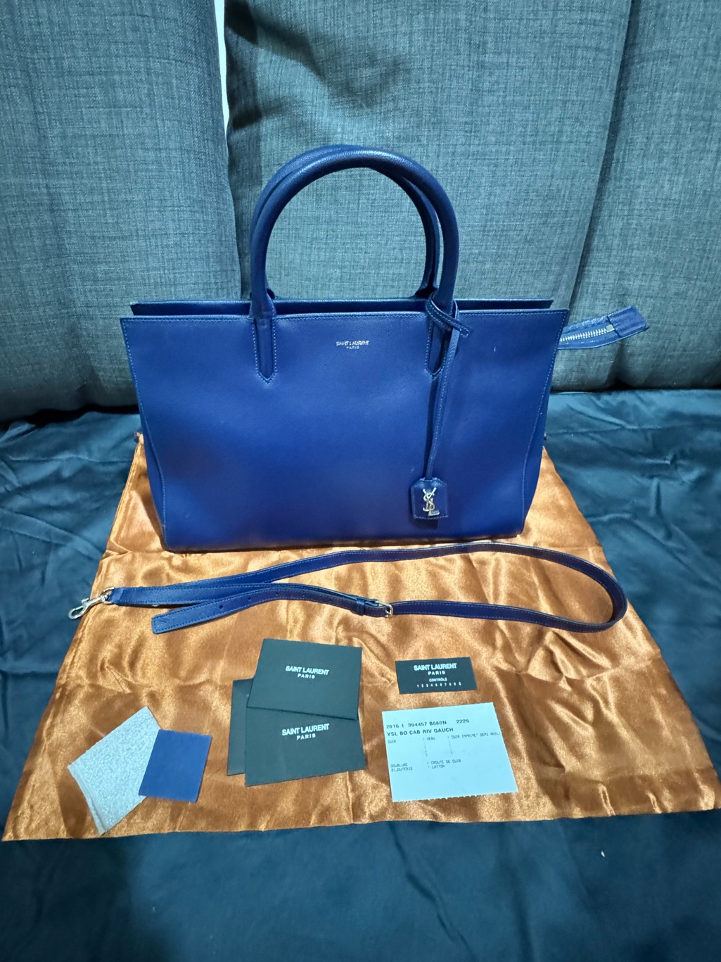 Ysl Saint Laurent Cabas Rive Gauche Blue Grained Leather 2-Way Bag Purse